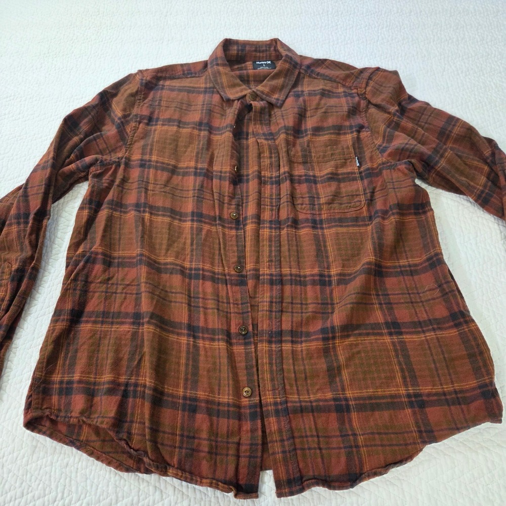 Hurley Mens Large Plaid Flannel Shirt Rust Brown Organic Cotton Button‎ Up L